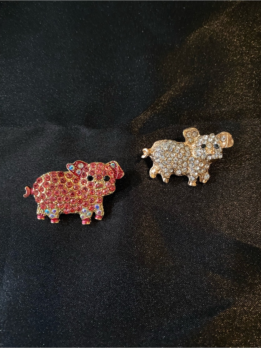 Sparkling Piggy Brooch Pins - Pink and Gold Rhinestone Accessory - 2 pins